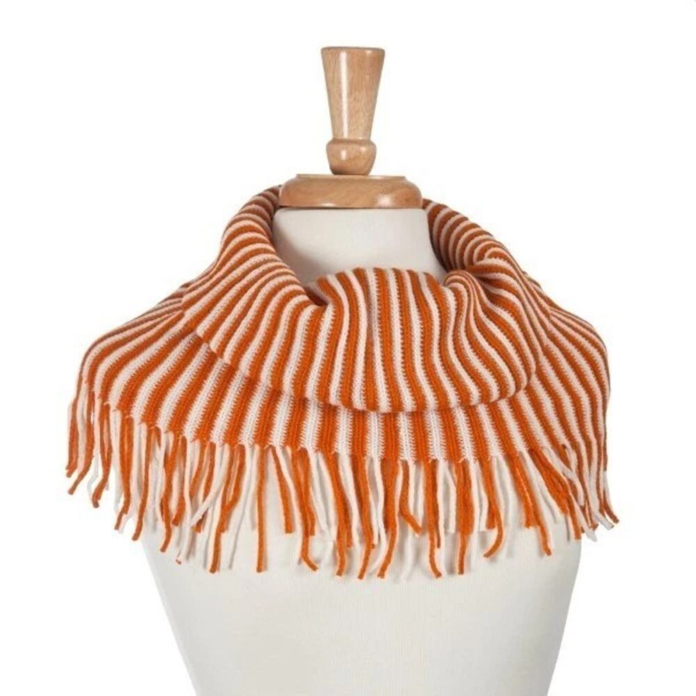Life Is Beautiful Orange & White Striped Tube Scarf with Fringe
